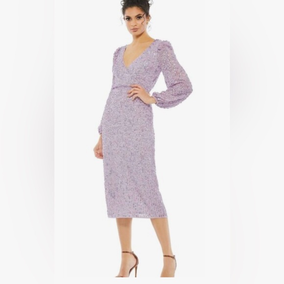 Mac Duggal Dresses & Skirts - NWT MAC DUGGAL SZ 10 Lavender Puff Sleeve V Neck MIDI #107641